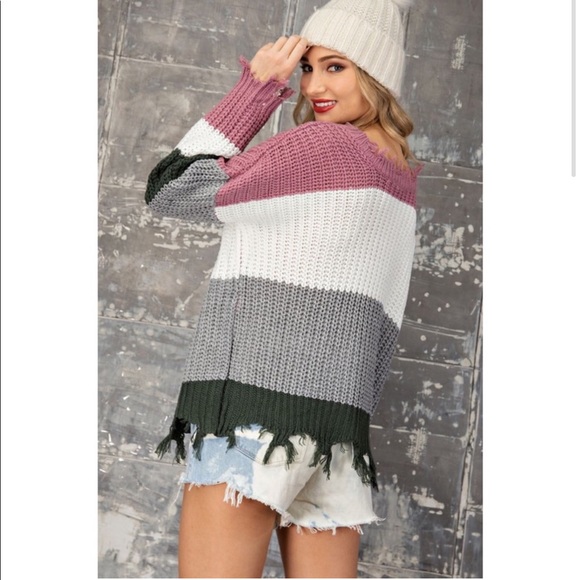 Off-Shoulder Deep V-Neck Distressed Sweater - Picture 3 of 4